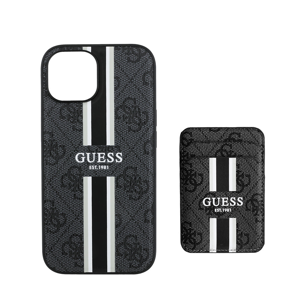 Guess iPhone 15 Orjinal Lisanslı M-safe 4G Desenli Çizgili Kartlıklı Kılıf Guess iPhone 15 Orjinal Lisanslı M-safe 4G Desenli Çizgili Kartlıklı Kılıf